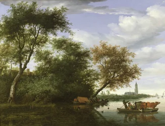 Bosrijk rivierlandschap met figuren en vee op een veerboot